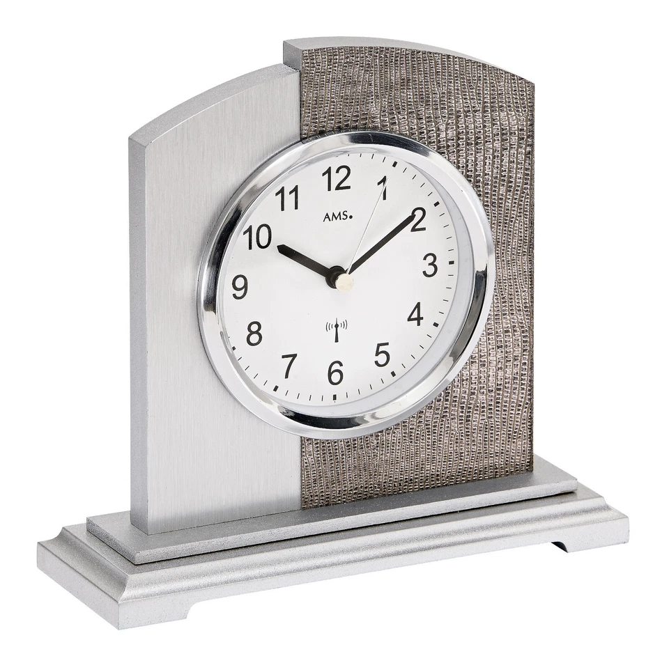 AMS 5144 Tischuhr Funk Funktischuhr analog modern silbern mit Kunstleder - Bild 1 von 1