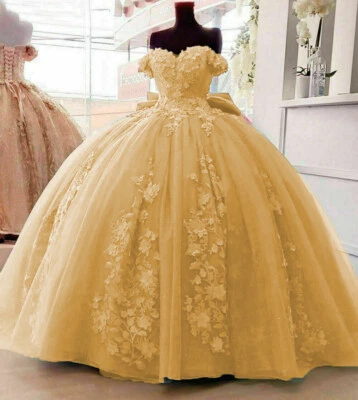 Princess Quinceanera Dress 3D Floral Applique Off Shoulder Sweet 15 16 With Bow - Image 1 of 4