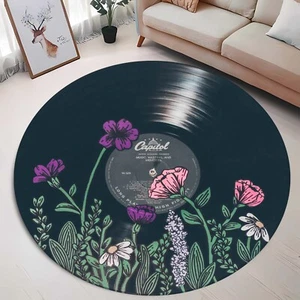 Vinyl Record Rug, Music Lover Rug, Round Turntable Rug, Floral Vinyl Record Deco - Picture 1 of 12