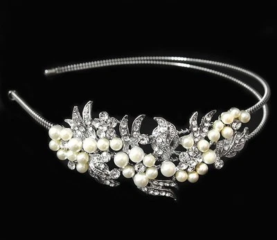 Bridal Wedding Jewelry Crystal Rhinestone Pearl Duo Flowers headband Silver #6 - Image 1 of 3