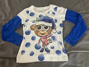 Justice CHRISTMAS Monkey Long Sleeve Shirt Girl's Size M 7 Blue White Nice! FAST - Picture 1 of 2