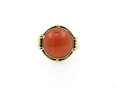 Cabujón natural coral rojo vintage 7,00 ct. Oro amarillo 14k. Anillo Reino Unido Talla K Foto 1 de 4