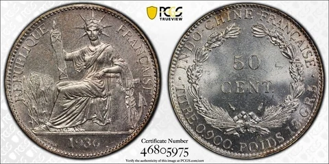 1936 French Indo-China 50 Centimes PCGS MS65 Lot#G4839 Silver! Gem BU! Lec-261 Cover