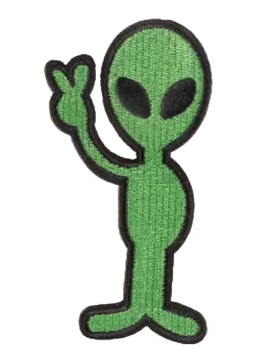 GREEN ALIEN - PEACE SIGN - UFO -  3 3/4" Embroidered Iron On Patch - Image 1 of 3