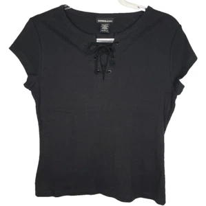 Y2K Express Jeans Top Size L Black Cap Sleeve Tie Neck T-Shirt Summer Goth - Picture 1 of 9