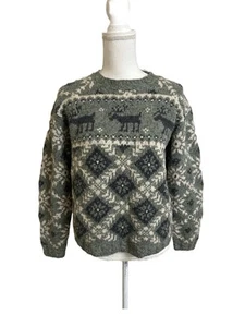 Vintage L.L. Bean Women's XS Green 100% Wool Moose Design Sweater - Picture 1 of 5