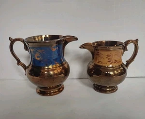 Lot of 2 Antique Copper Lusterware Creamer Pitchers- Blue & Orange Bands - Picture 1 of 10
