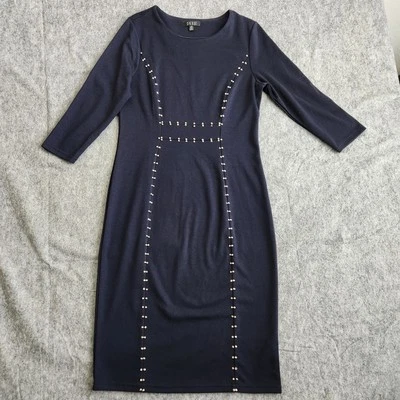 Spense Sheath Studded Dress Women's 8 Navy Stretch Midi Y2K Comfort 3/4 Sleeve - Image 1 of 4