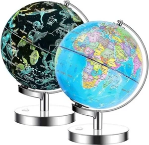 Illuminated World Globe 23cm diameter metal base - 2 in 1 Light up - Picture 1 of 4