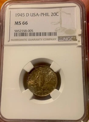 1945 D US Philippines 20 Silver Centavos Toned NGC MS 66 KM# 182 - Image 1 of 2