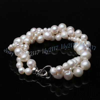 Brazalete de perlas barrocas de agua dulce blancas naturales reales de 3 filas de 5-10 mm de 7,5"" Foto 1 de 4