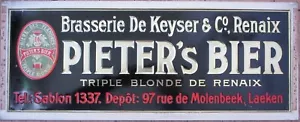 Insegna pubblicitaria in latta birra belga Pieter's Bier anni '20, in rilievo nero e oro - Foto 1 di 2