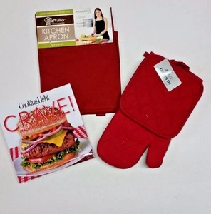 Red 4 Piece Potholders and Teflon Oven Mitts with Apron and CRAVE Cookbook - Picture 1 of 6