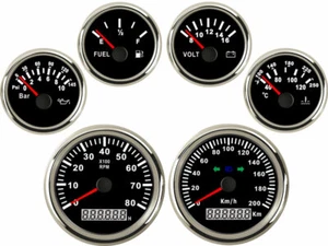 6 gauge set GPS 200km/h speedometer tachometer fuel volt oil pressure temp black - Bild 1 von 7