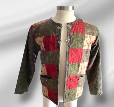 Handmade Womens Green Red Patchwork Blanket Jacket Quilted Sz XL Cottage Core - Image 1 of 4