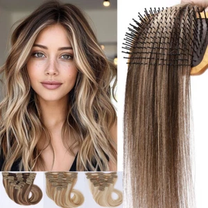 BLACK 100% Human Hair Extensions 8 Pieces Clip In Real Remy Hair FULL HEAD SHORT - Picture 1 of 36