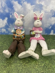 Adorable Easter Bunny Couple Figurines – Spring Decor, Sitting Shelf Bunnies - Picture 1 of 10