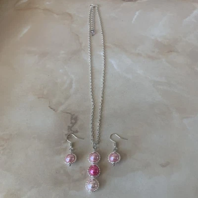 Pink Pearl Necklace & Earrings Set - Image 1 of 4