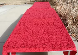 red brocade tablecloth floral stitched hem rectangular 118" x 66" vtg - Picture 1 of 11