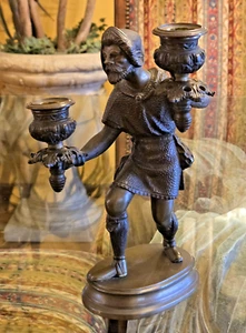 Antique 19th C Bronze Figural Candle Stick Holder Candelabra Hunting Ex. Cond. - Picture 1 of 15