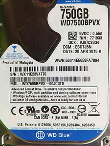 Western Digital WD7500BPVX-00JC3T0 DCM: EBOTJBN 20 ABR 2015 750 GB - Imagen 1 de 1