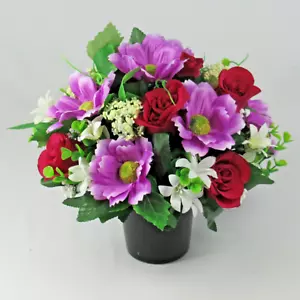 Artificial silk flowers memorial grave arrangement crem pot purple HandMade - Picture 1 of 5
