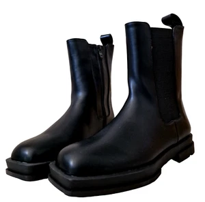 Women Black Flat Ankle Boots Casual Combat Booties Zip Up Shoes With Square Toe - Picture 1 of 6