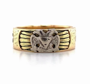 14k Yellow and White Gold Masonic Ring with Motto and Enamel Size 9 (#J5893) - Picture 1 of 8
