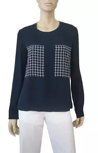 THEORY sz M Long Sleeve Navy Window Pane Check Silk Blouse Top - Picture 1 of 3