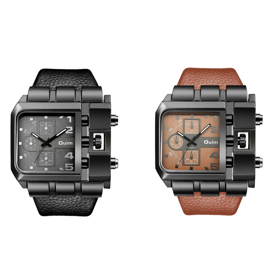 Reloj pulsera de cuarzo con correa de cuero deportivo con esfera grande cuadrado militar del ejército militar para hombre Foto 1 de 1