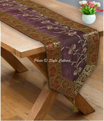 Indian Brocade Christmas Coffee Runner Wedding Table Cover Silk Runner Fabric - Image 1 of 4