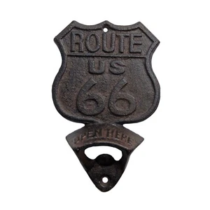 Cast Iron Historic US Route 66 Beer Soda Bottle Opener Wall Mount Antique Brown - Picture 1 of 5