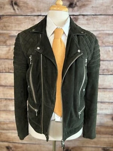 Allsaints Imara Suede Biker Jacket Size S Leather Green - Picture 1 of 9