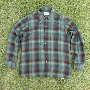 Vintage 50s 60s 70s Arrow Chevella Shadow Plaid Rayon Loop Collar Shirt USA - Picture 1 of 9