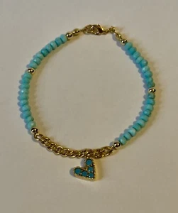 Natural BLUE Faceted 2mm Turquoise Chain 10k Yellow Gold Bangle Bracelet - Picture 1 of 24