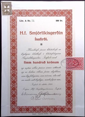 ICELAND: 1925 Revenue Examples Used on Company Share Certificate with Cancels - Image 1 of 2