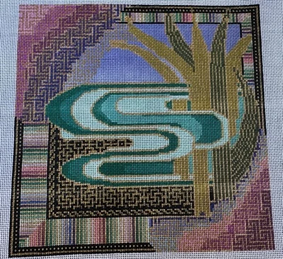 8 x 8 Handpainted Needlepoint Canvas Mindy Teal Black Gold Wave NEW Labyrinth - Image 1 of 4