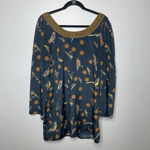 Judith March Dress Women's Size Large Navy Bird Print Long Flare Sleeves Mini - Picture 1 of 12