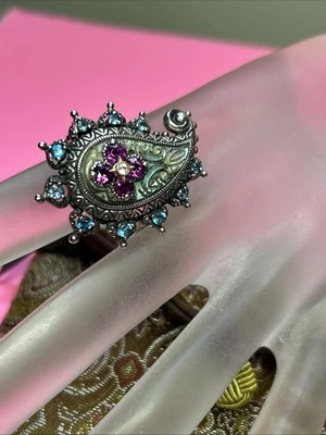 Anillo Barbara Bixby Paisley Plata Esterlina 18K Abulón Granate Topacio Talla 8.25 Foto 1 de 4