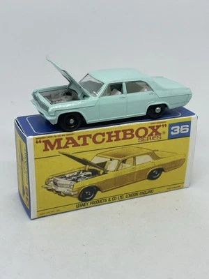 Lesney Matchbox 36 Custom Opel Diplomat Sea Foam Green. Grey Engine Repro F Box - Image 1 of 4