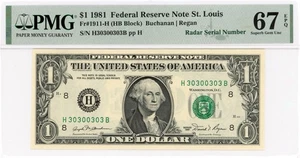 1999 $1 St. Louis Fancy Radar Serial # 30300303 Banknote-PMG 67 EPQ, Fr# 1911-H - Picture 1 of 2