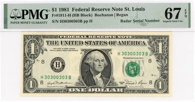 1999 $1 St. Louis Fancy Radar Serial # 30300303 Banknote-PMG 67 EPQ, Fr# 1911-H - Image 1 of 2