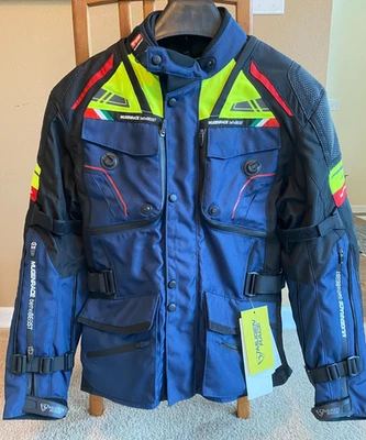 男式 XL 旅游摩托车夹克蓝色纺织 CE 防护防水新品 — 第 1/4 张图片