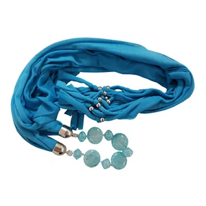 BLUE COTTON SCARF with BUILT IN NECKLACE fashion jewellery - Picture 1 of 2