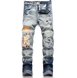 Herren Blau Denim Stretch Jeans Buchstaben Stickerei Gerades Bein Punk Hose Hippie - Bild 1 von 10