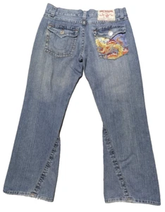 Rare True Religion Joey Dragon Embroidered Jeans Made in USA 36x33 Flare TRW605 - Picture 1 of 17