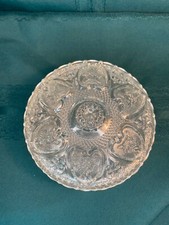 Vtg KIG Malaysia Clear Pressed Glass w/Lid Roses in Hearts & Fleur-de-lis Candy