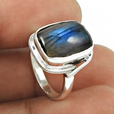 Naturale Pietra Labradorite Misura Anello 6 Massiccio 925 Argento Natale Regalo - Immagine 1 di 4