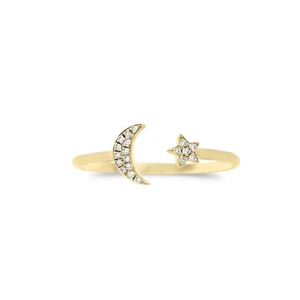 Diamond Crescent Star & Moon Open Ring Solid 14k Yellow Gold Religious Jewelry - Picture 1 of 5