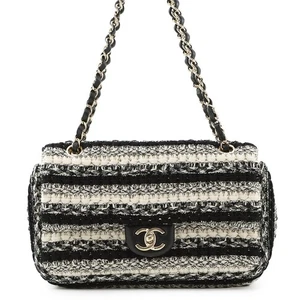 CHANEL Matelasse WChainShoulder Bag Size 25 Tweed/Leather White/Black - Picture 1 of 13